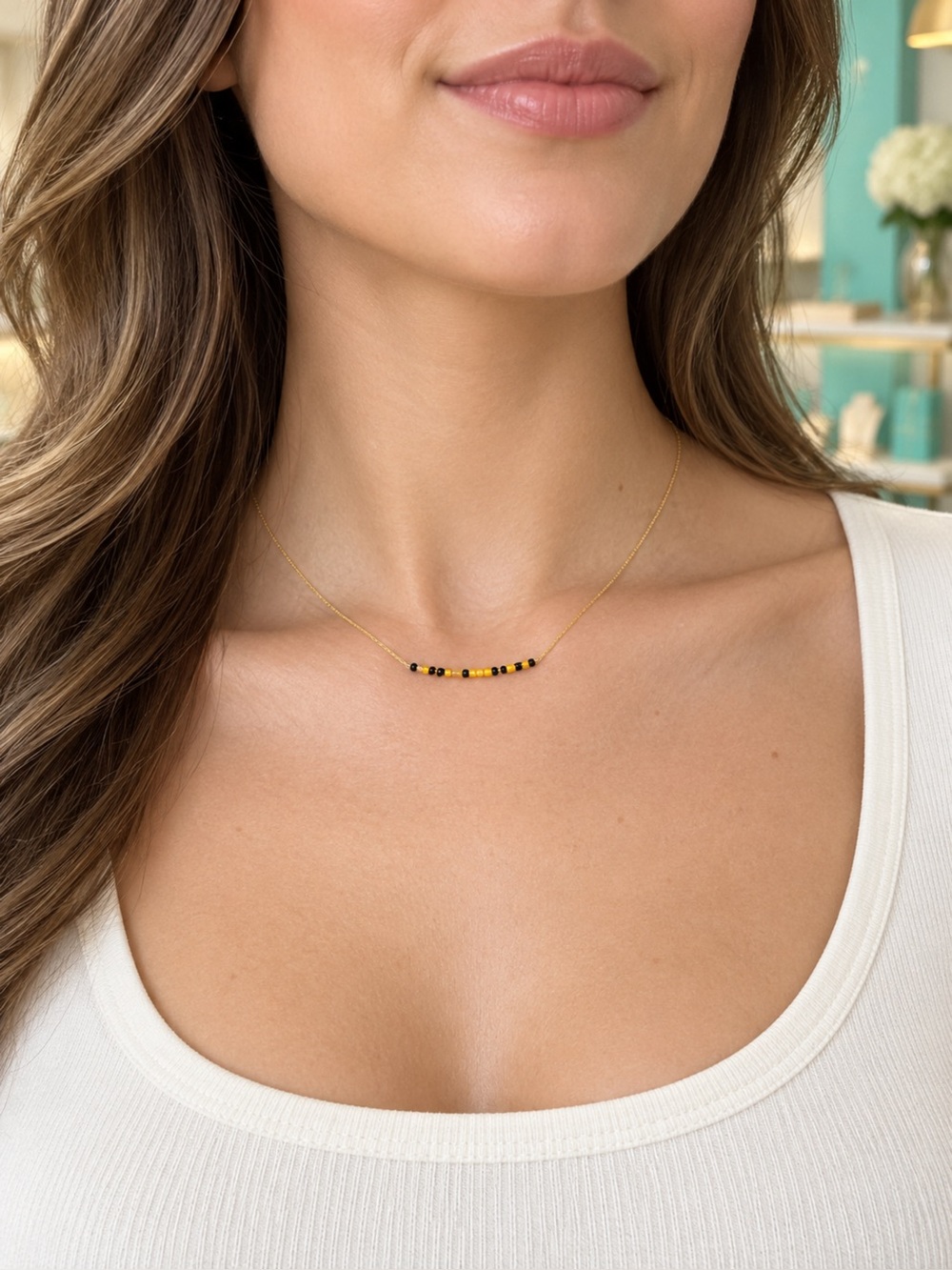 Minimal Chain Necklace with Black and Yellow Bead Accent,NIB